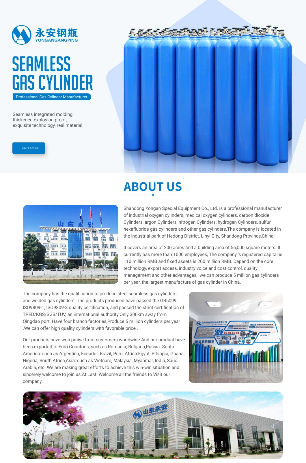 50L 150bar 5.4mm ISO9809 CE High Pressure Vessel Seamless Steel Hydrogen Gas Cylinder